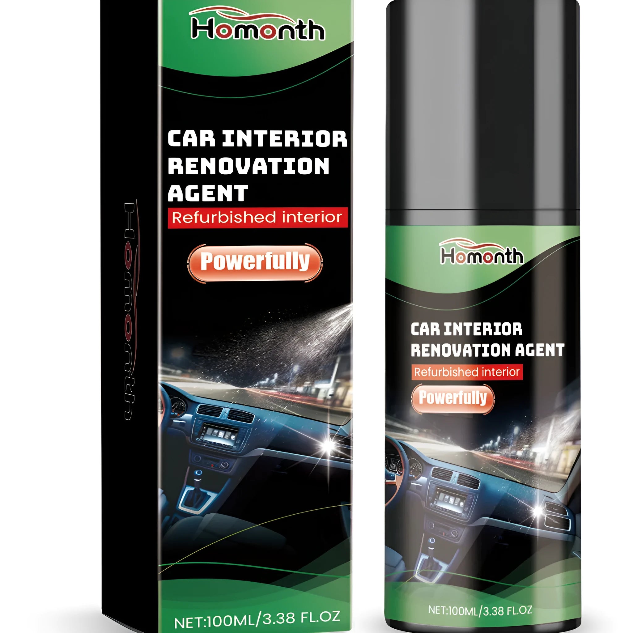 Automotive interior refurbishment agent 100ml in PET bottle with dimensions 3.8x3.8x14.8cm