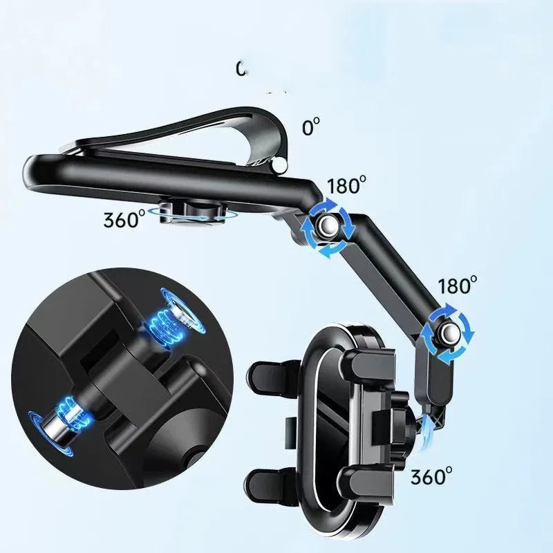 Car mount sun visor with buckle-type clip for rear seat headrest, shown in black.