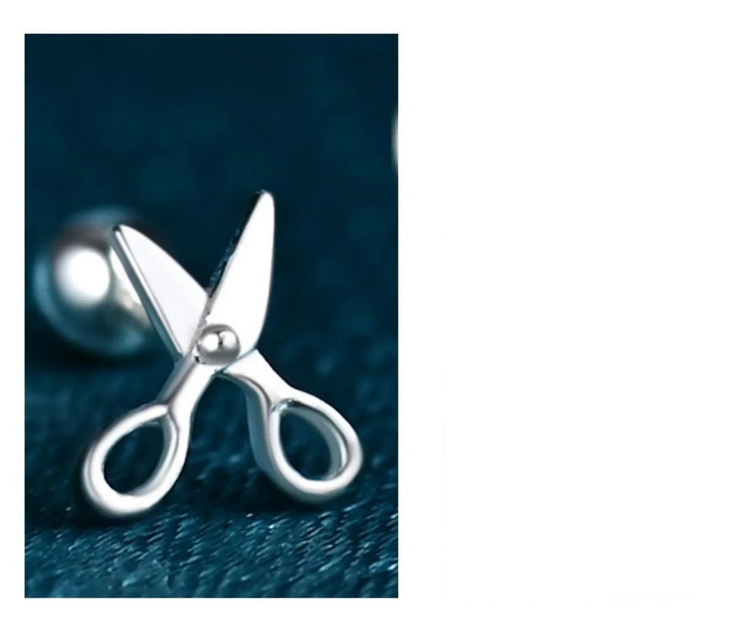 S999 pure silver ear nail with screw fitting and mini scissors detail