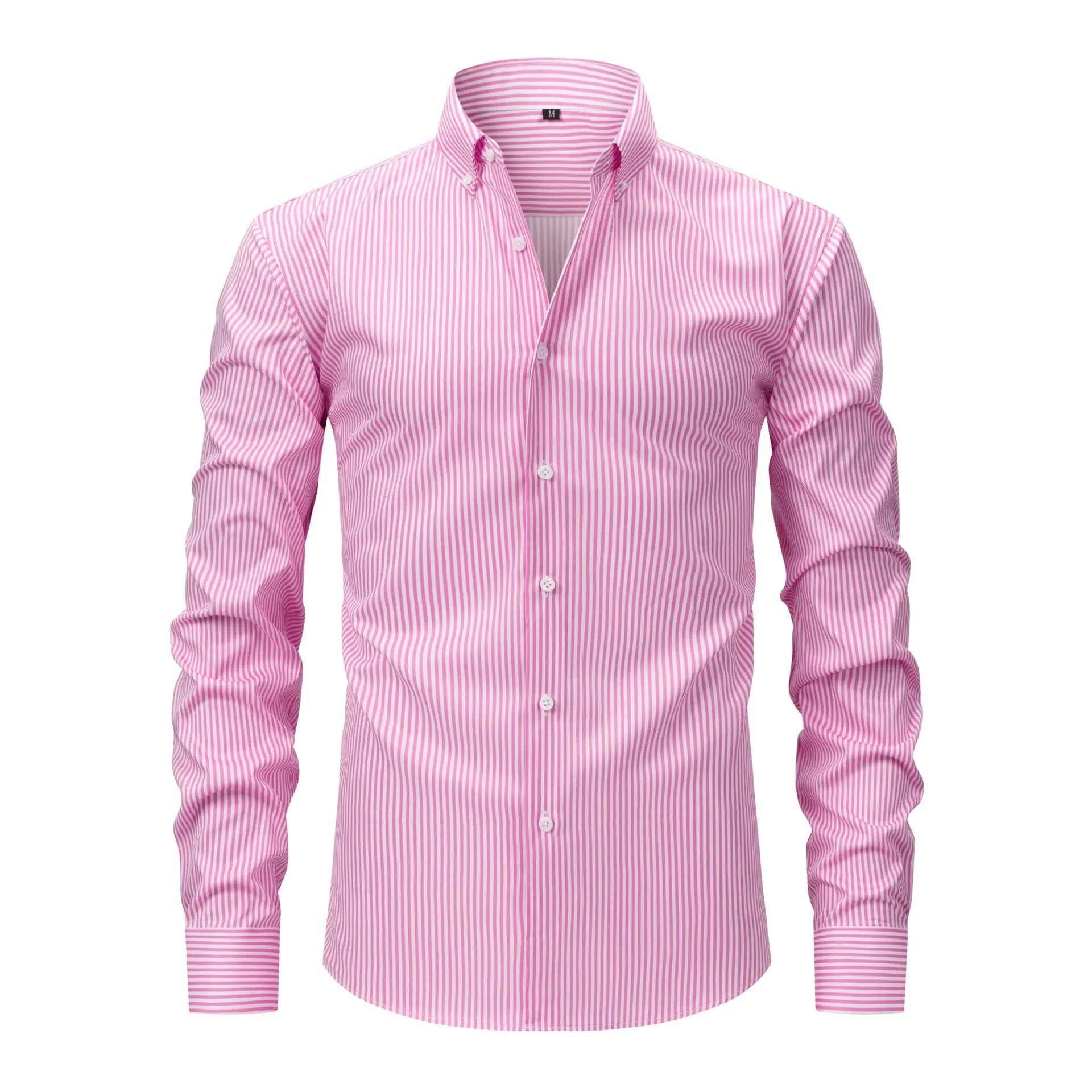 Man wearing striped long-sleeved business shirt with lapel collar in non-ironing fabric