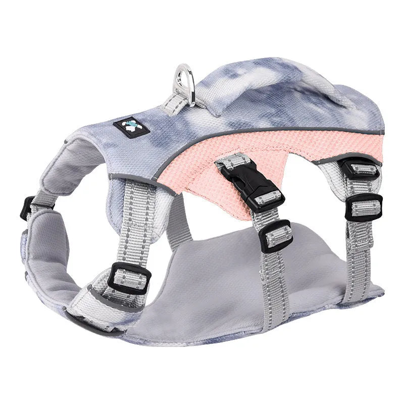 Reflective pet cooling clothes chest strap in light blue, pink, dark blue, and orange colour options