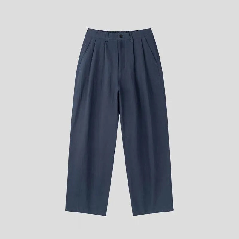 Men's loose fit cotton linen trousers in wide-leg Korean style with zip fly and elastic waist