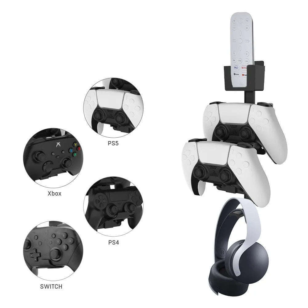 Black wall-mounted storage hook holding PS5 controller with adhesive backing for easy installation