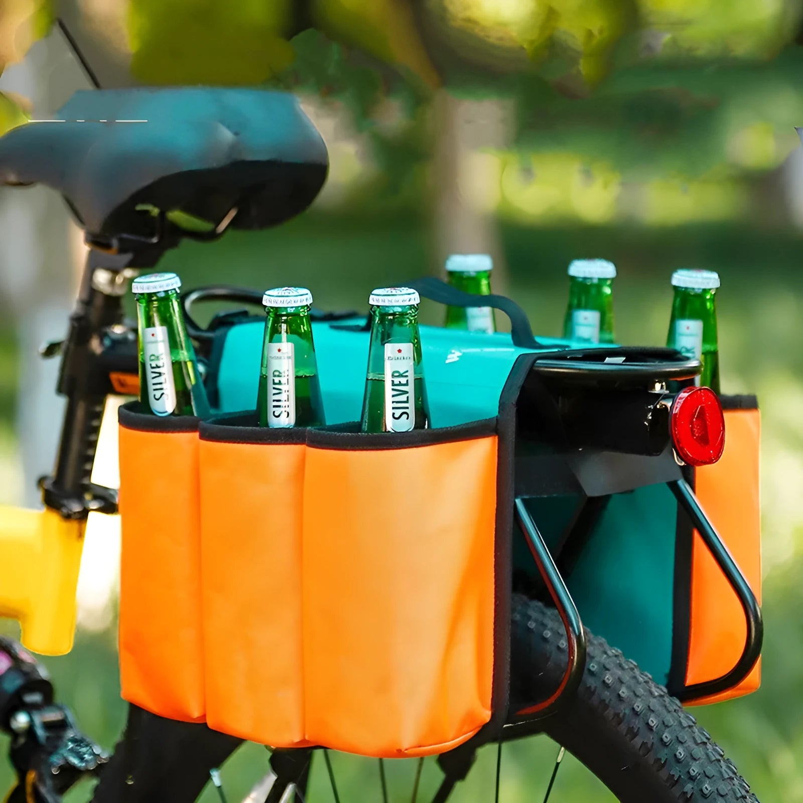 Black and orange bicycle-mounted drink holder bag with double-sided storage compartments