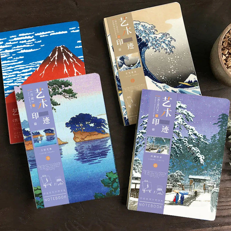 Ukiyo-e art hand ledger notebook showing Kanagawa surfing village retro cover design