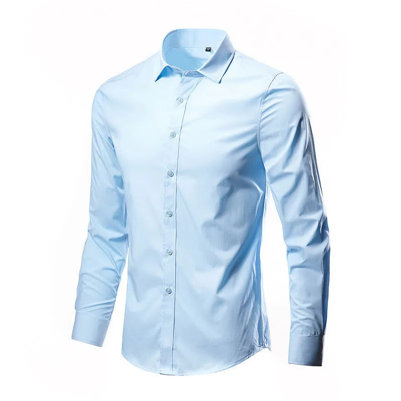 Men's slim fit long-sleeve linen shirt on a hanger, available in multiple colours and sizes up to 5XL.