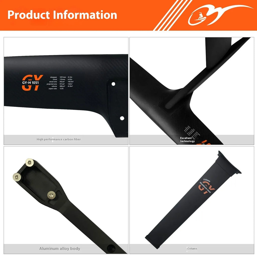 Black carbon fibre racing hydrofoil with 1051mm front wing for unpowered surfing