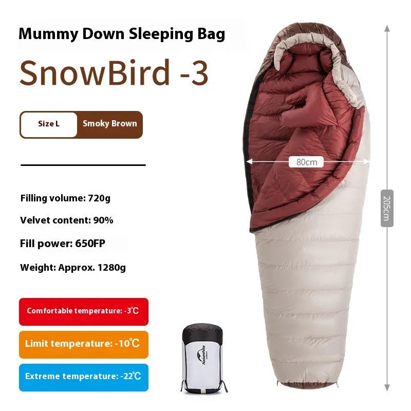 Mummy style goose down sleeping bag with storage bag in various colour options
