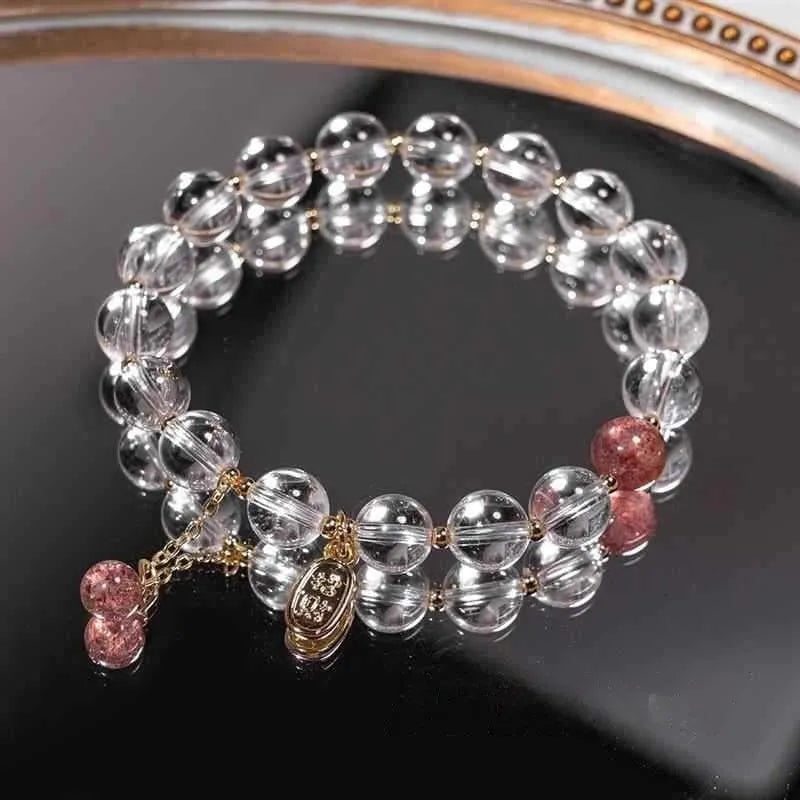 Handmade natural white crystal bracelet with strawberry beads in u-shape design