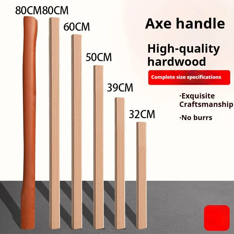 Locust wood tool handles for axes, hoes, and sickles in various lengths on a wooden surface.