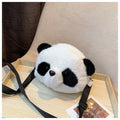 Soft plush cylindrical crossbody bag with panda head design showing 18cm dimensions