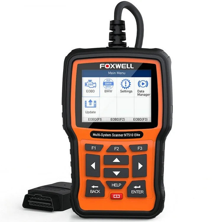 Foxwell NT510 orange and black automotive OBD2 diagnostic scanner with data cable