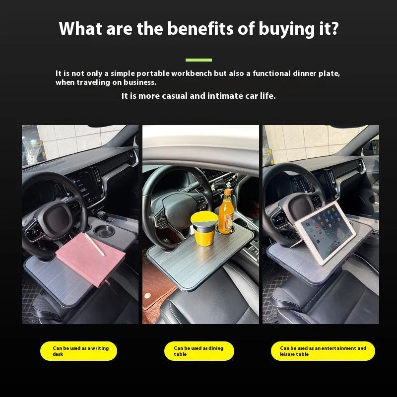Black ABS plastic car steering wheel laptop stand with foldable cup holder on a grey steering wheel