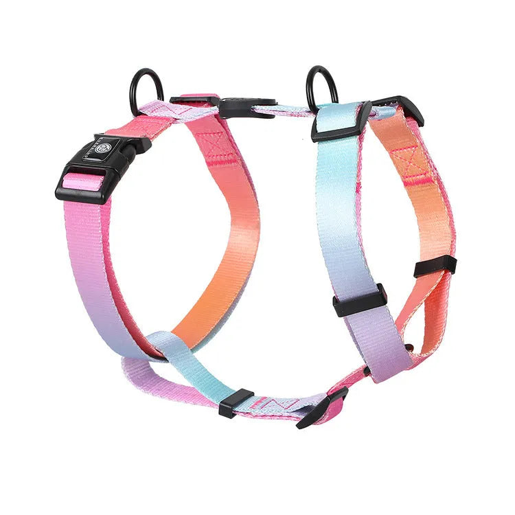 Gradient colour dog harness chest straps in purple, blue, neon, and green designs with adjustable sizing.