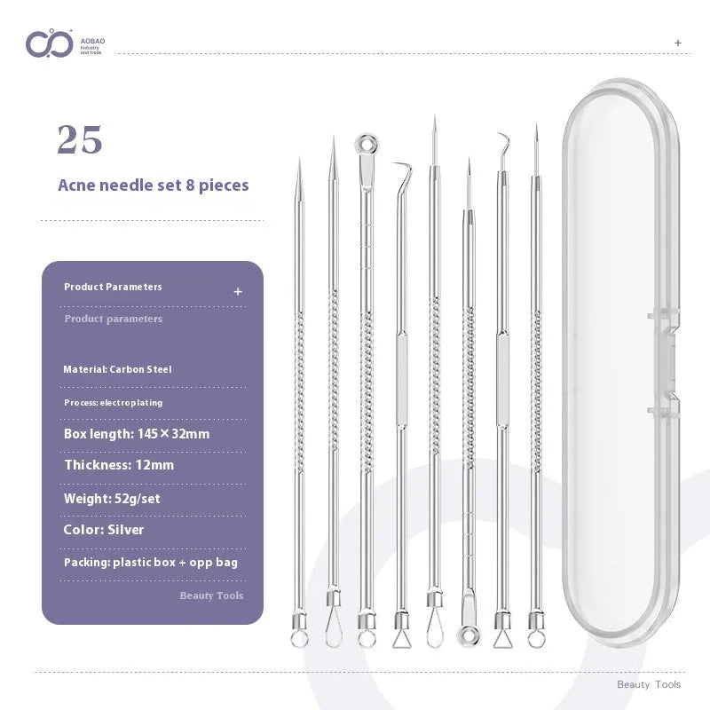 Four silver metal acne needles with fine pointed tips laid out on a flat surface.