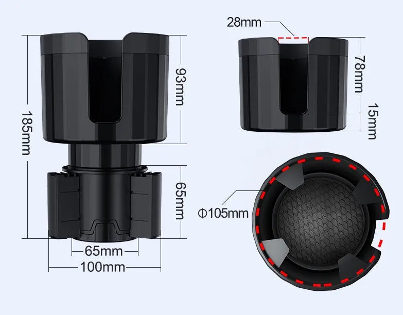 Matte black car cup holder expander with adjustable base for oversized bottles