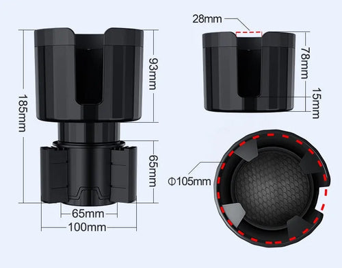 Matte black car cup holder expander with adjustable base for oversized bottles