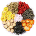 Box of honeysuckle chrysanthemum tea with 15 individual sachets, net weight 150g.