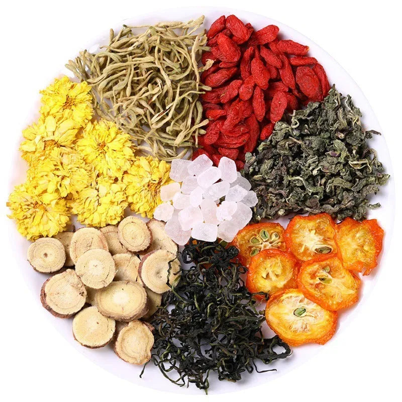 Box of honeysuckle chrysanthemum tea with 15 individual sachets, net weight 150g.