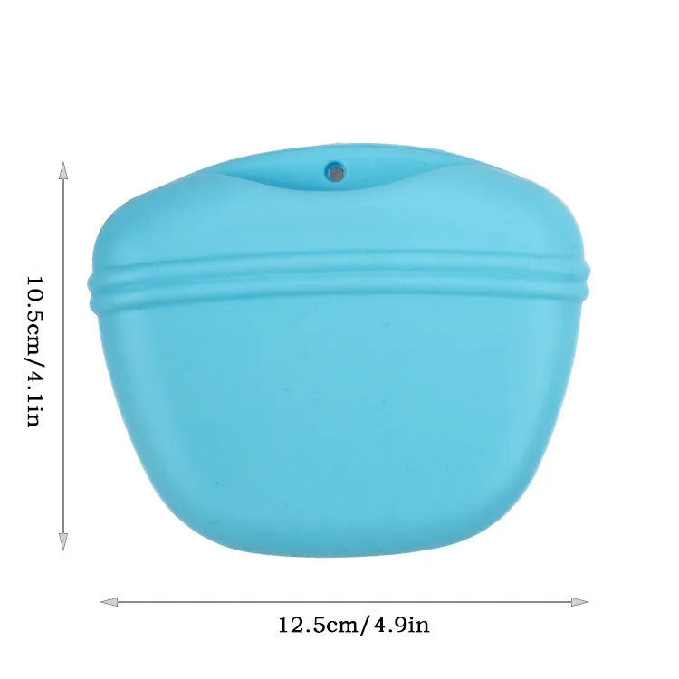 A silicone dog training treat pouch with a clip and magnetic closure, shown in one of six colour options.