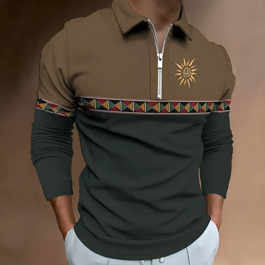 Man wearing a loose fit long sleeve t-shirt with retro colour printing and stripe pattern for golf or casual wear