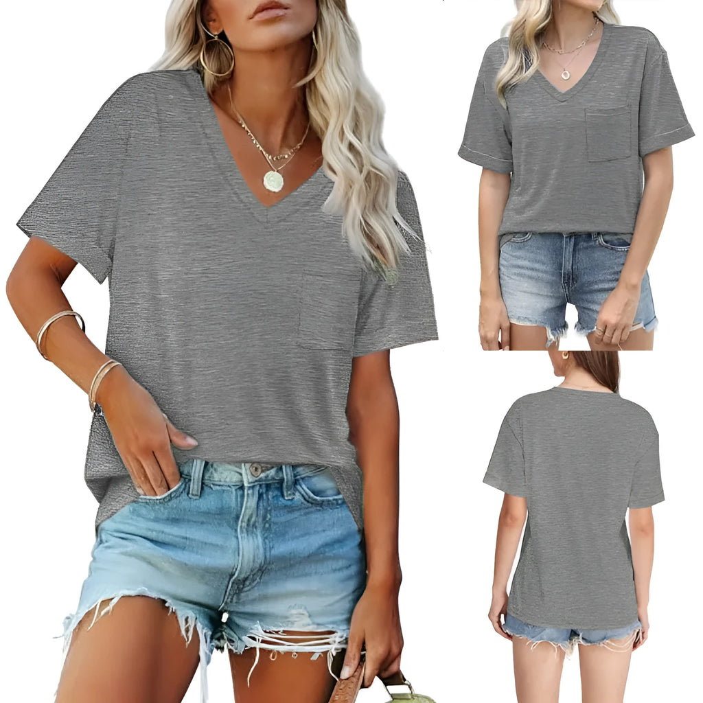 Grey loose fit men's V-neck t-shirt with a chest pocket on a solid colour background.