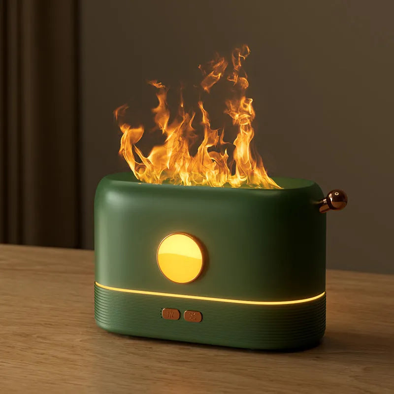 USB desktop humidifier with flickering flame effect, available in black, green or white colours