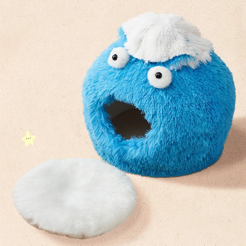 Closed plush cat nest in blue, 40cm diameter, for indoor winter use