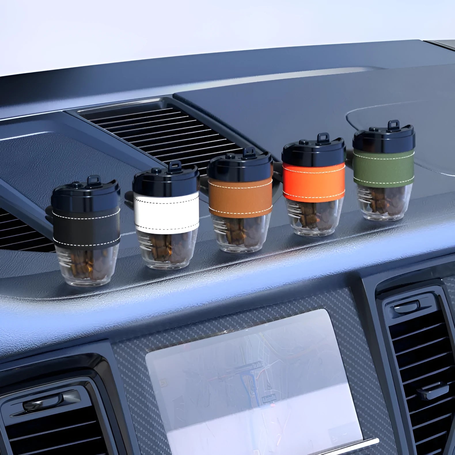 Coffee cup shaped car air freshener with solid coffee bean fragrance in multiple colour options
