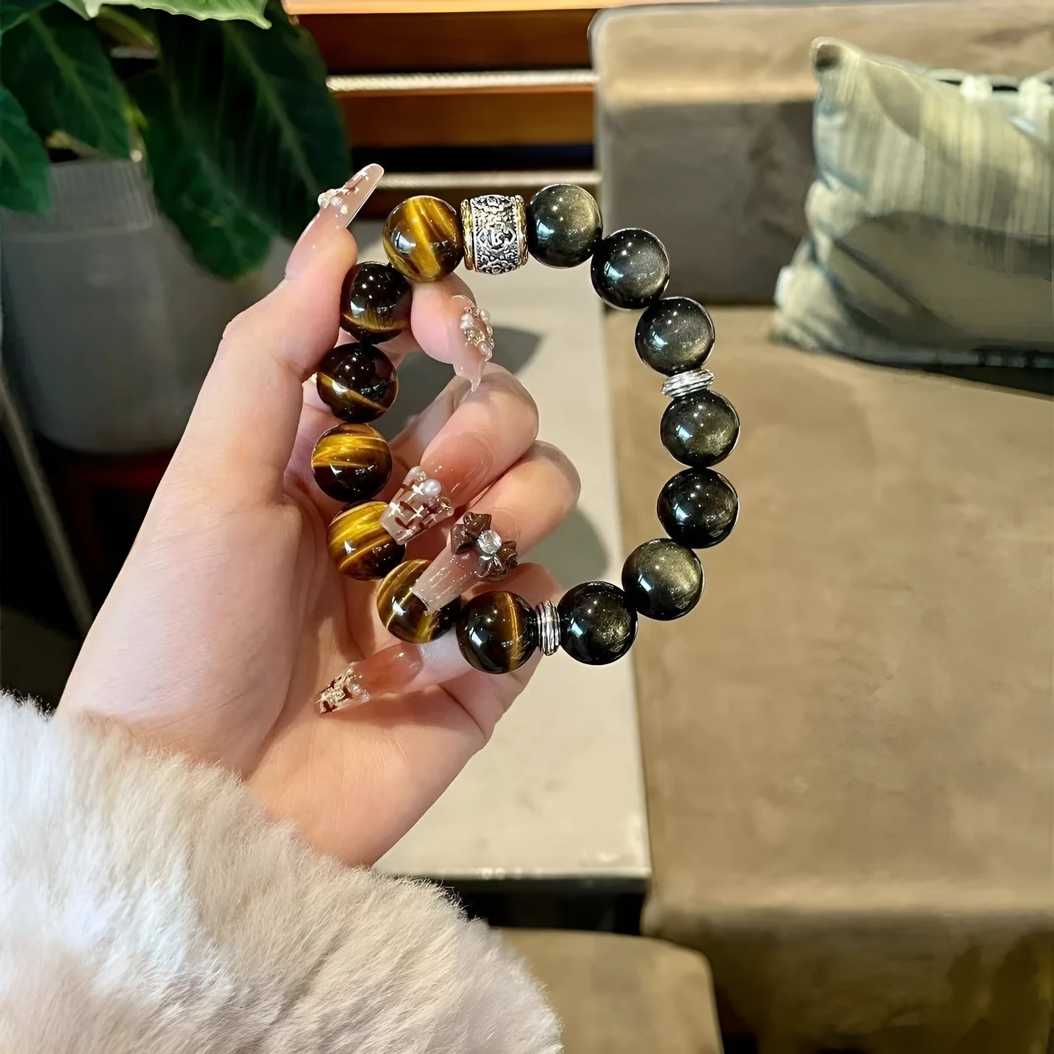 Women's double wrap tigereye silver bracelet with gold inlay decorative patterns