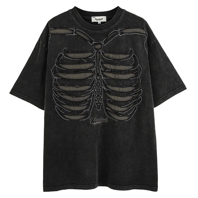 Loose fit black cotton t-shirt with a skull and printed letter design on the front.