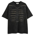 Loose fit black cotton t-shirt with a skull and printed letter design on the front.