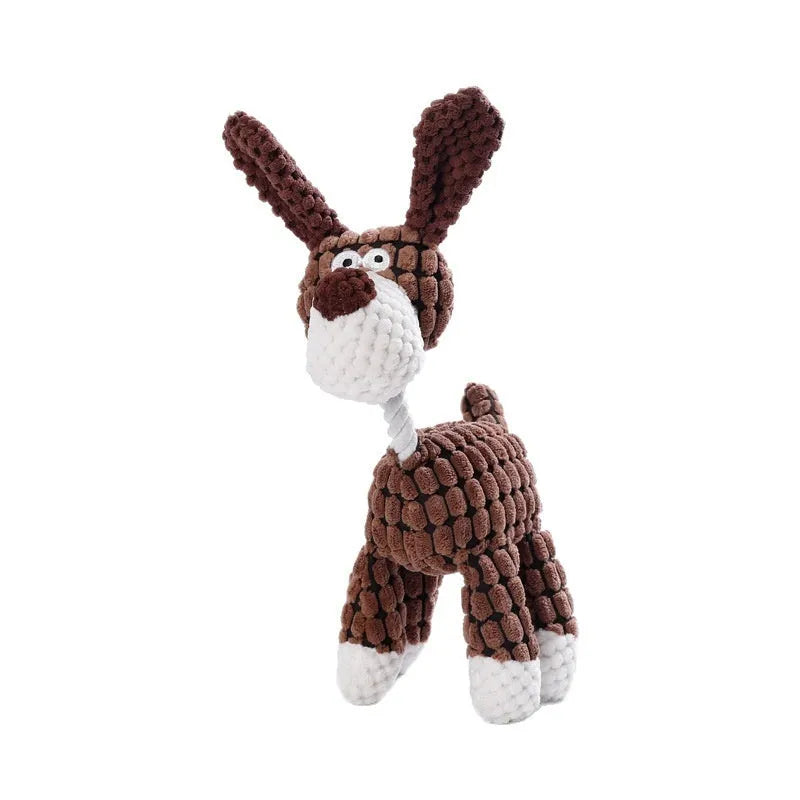 Selection of plush pet toys including donkey, rechargeable duck, elephant and dog styles