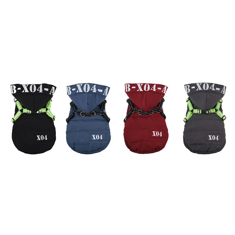 Red fleece-lined waterproof dog jacket with hood on a dog, showing casual style.