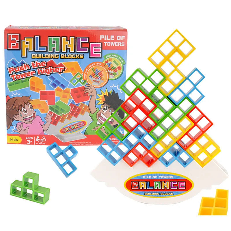 Plastic balance stacking board game with 16 coloured building blocks, chassis, and base on table.