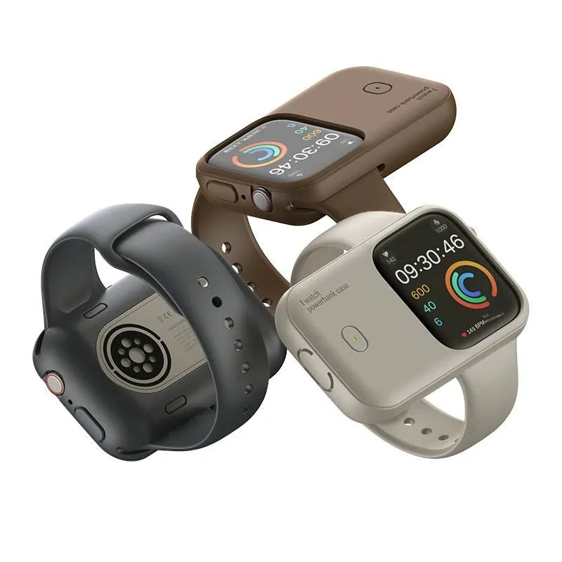 Apple Watch portable wireless charging case in brown, midnight blue, or starlight colours with 1200mAh battery