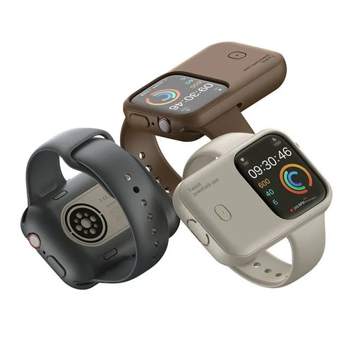 Apple Watch portable wireless charging case in brown, midnight blue, or starlight colours with 1200mAh battery