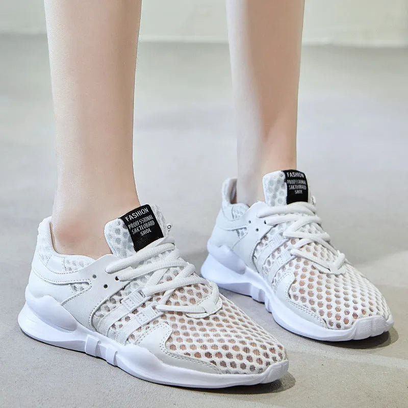 Breathable hollow out mesh sneakers in black and white colour options showing mesh upper construction