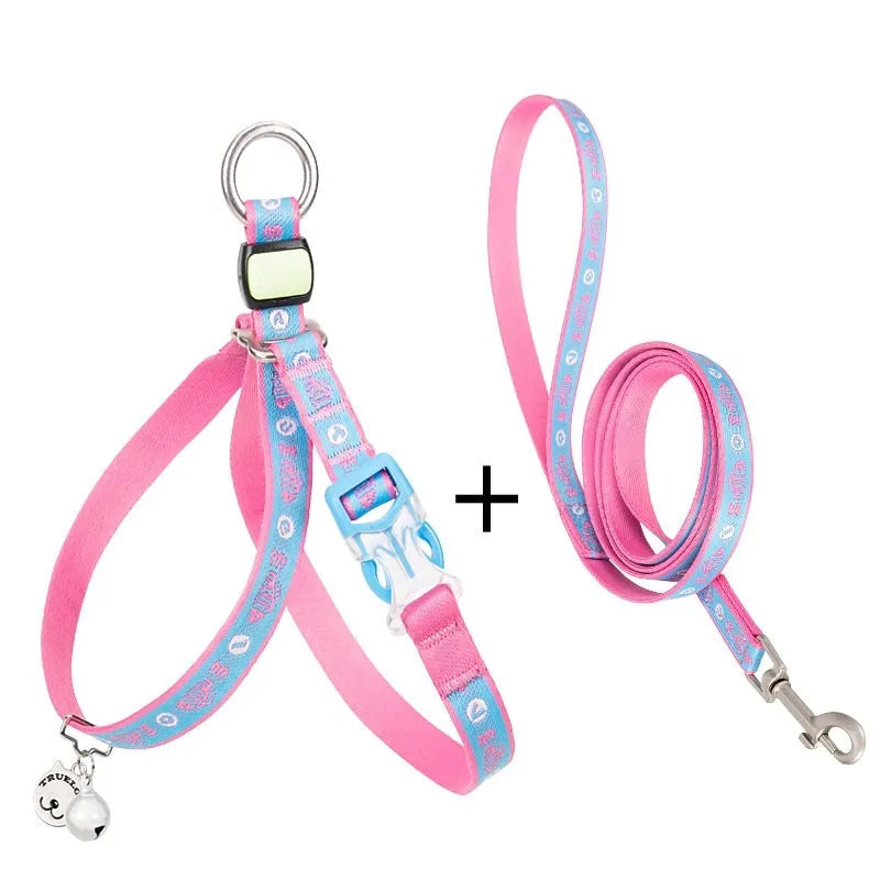 Pet cat bell chest strap harness with lead in blue, polyester jacquard mesh, adjustable size for small dogs