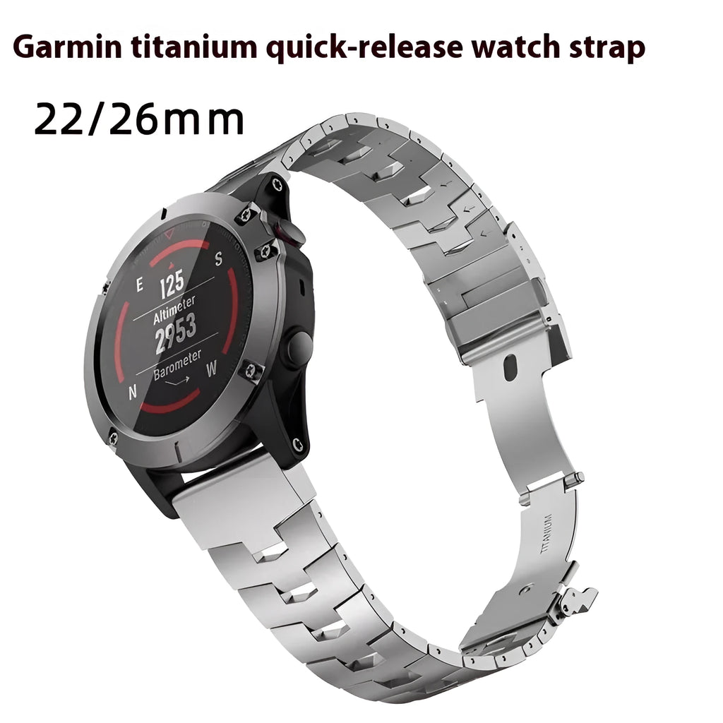 Metal watch strap for Garmin Fenix and Jiaming watches showing quick-release mechanism