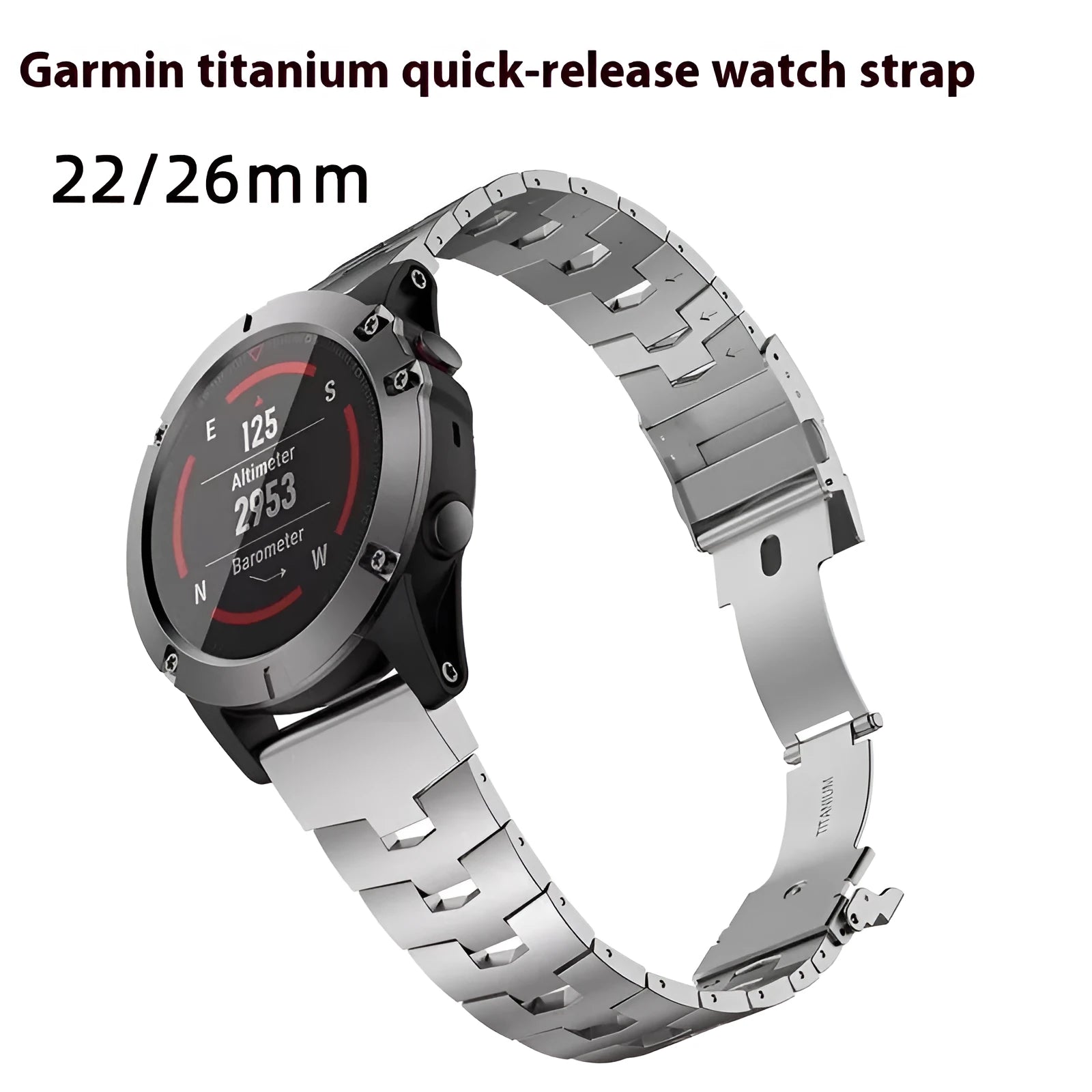 Metal watch strap for Garmin Fenix and Jiaming watches showing quick-release mechanism