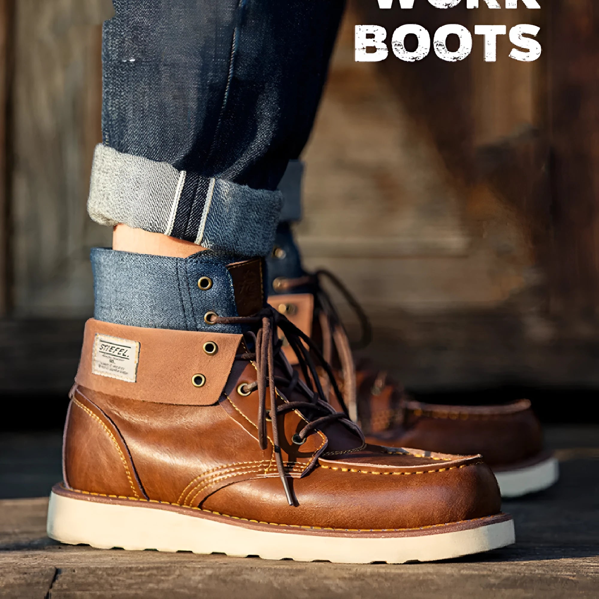 Men's lapel vintage work boots in honey wax colour, lace-up style with rubber sole