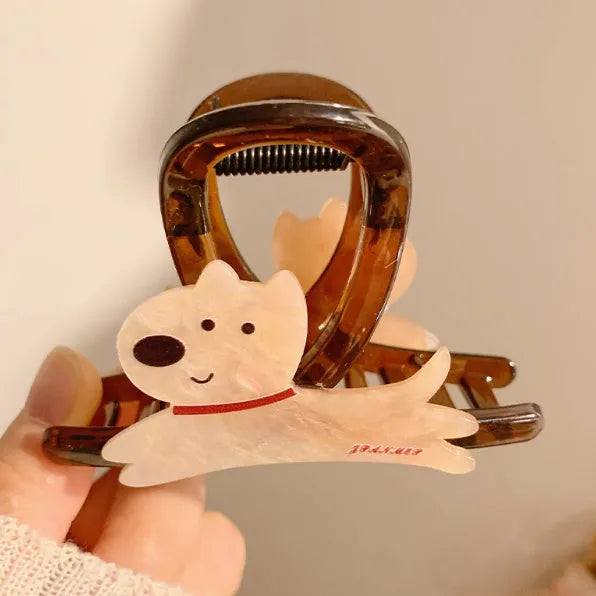 Beige and brown cartoon puppy hair grip barrettes shown in 13cm and 8cm sizes on a white background.