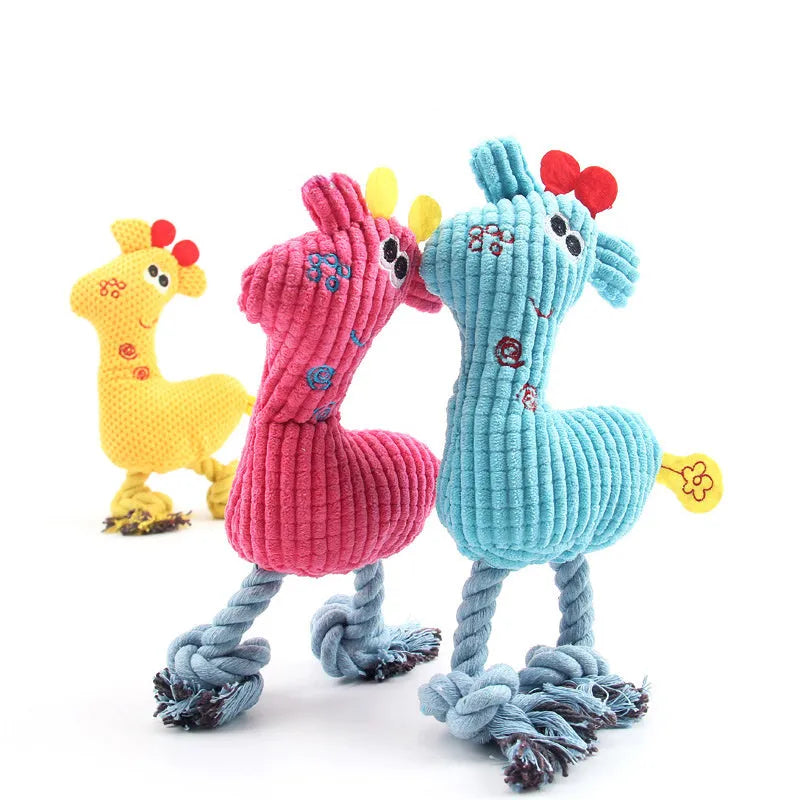 Deer-shaped plush pet toy with corn grain texture in blue, pink and yellow colour options