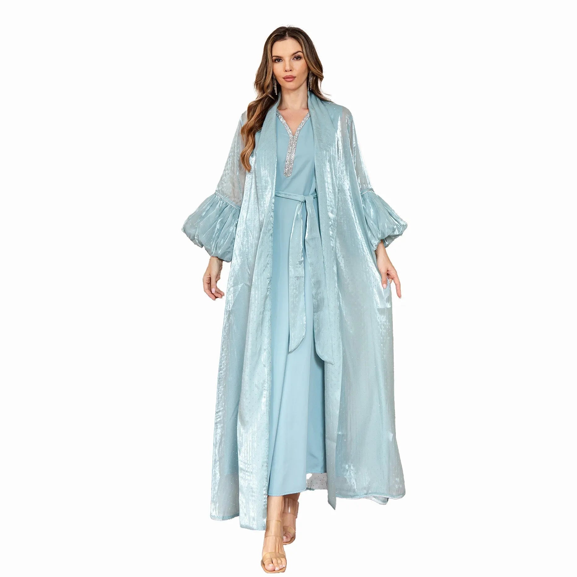 Dubai Arabic two-piece dress set in blue with rhinestone straps and long sleeves