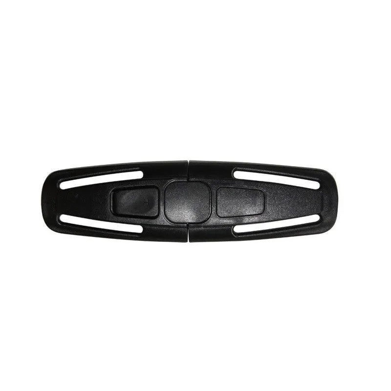 Black nylon seat belt buckle clip for child car seats, dimensions 14.5cm by 4cm.
