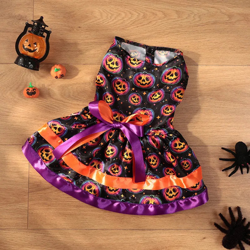 Halloween dog skirt with colourful pumpkin print and adjustable tie waist