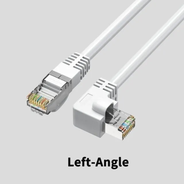 Cat6 Ethernet cable with right-angled metal RJ45 connectors in various colours including black, white, orange, and yellow.