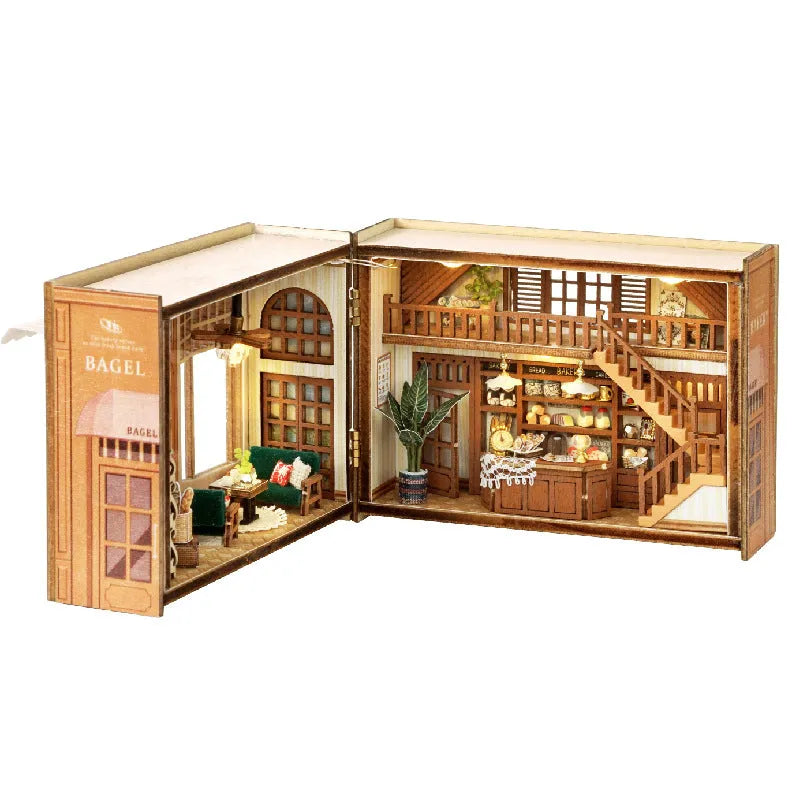 DIY Cottage MINI cut-free paper-cut flip-type wooden building model with flash function in colour box packaging