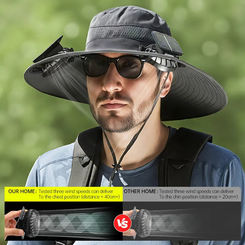 Men's solar-powered fan hat in beige colour with integrated fan for outdoor fishing.